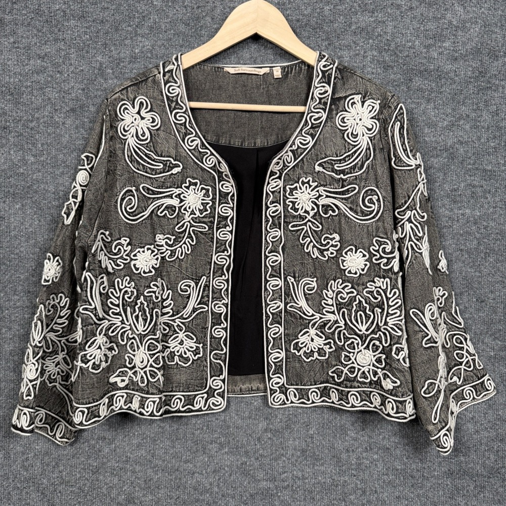Soft Surroundings Womens Sz 1X Bolero Jacket Gray White Cotton Crop Embroidered